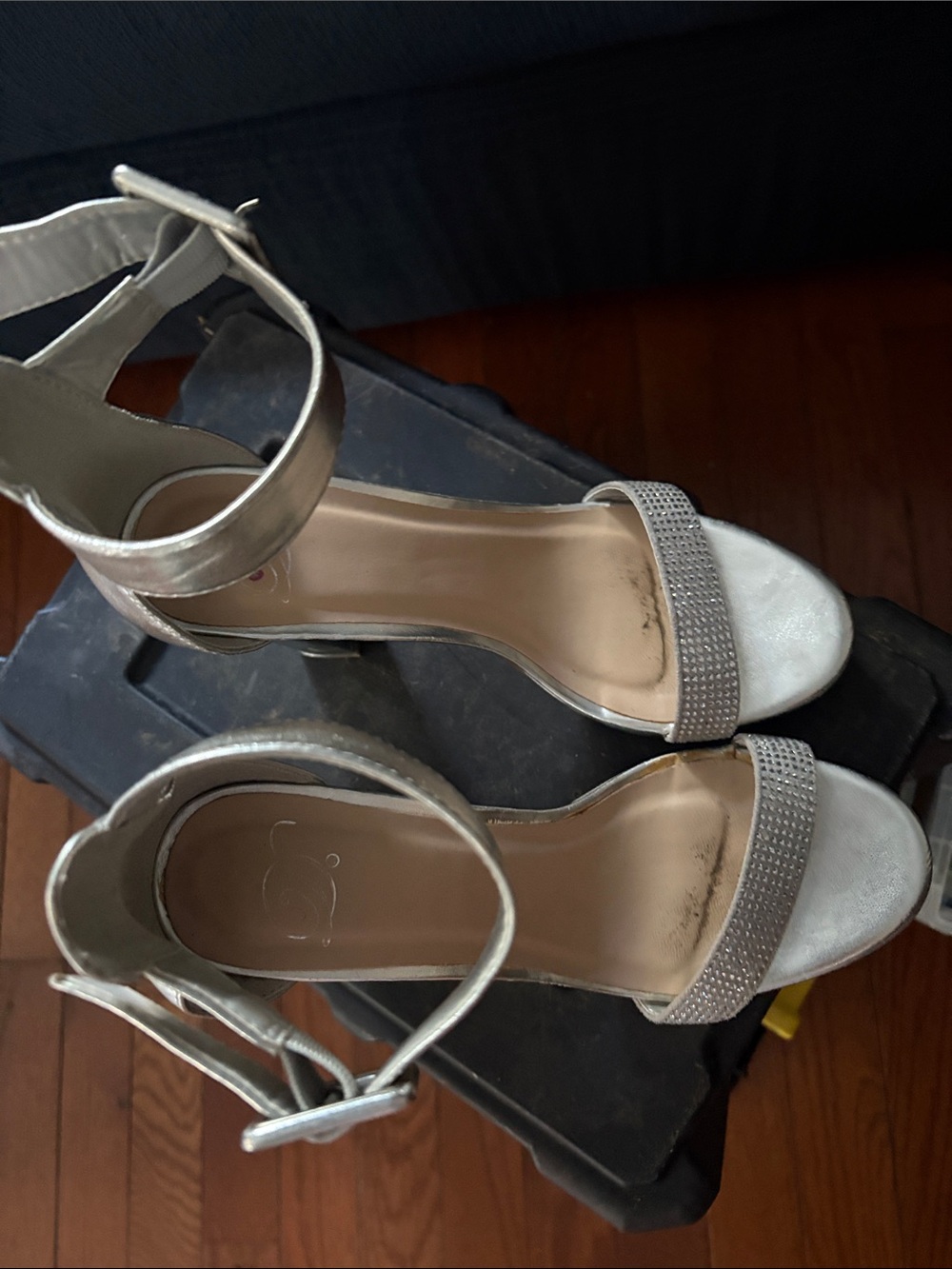 Silver Ankle-Strap High Heel Sandals with Rhinestone Toe Strap - Picture 2 of 6